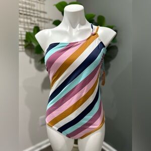 NEW Kona Sol Womens Stripe One Shoulder Under the Sun One Piece Swimsuit Large